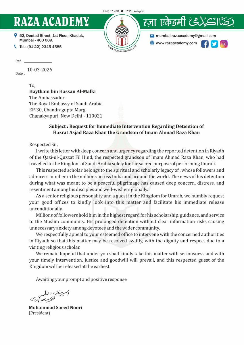 #RazaAcademy Request for Immediate Intervention Regarding Detention of Hazrat Asjad Raza Khan the Grandson of Imam Ahmad Raza Khan
<a href="/IndianEmbRiyadh/">India in Saudi Arabia</a>