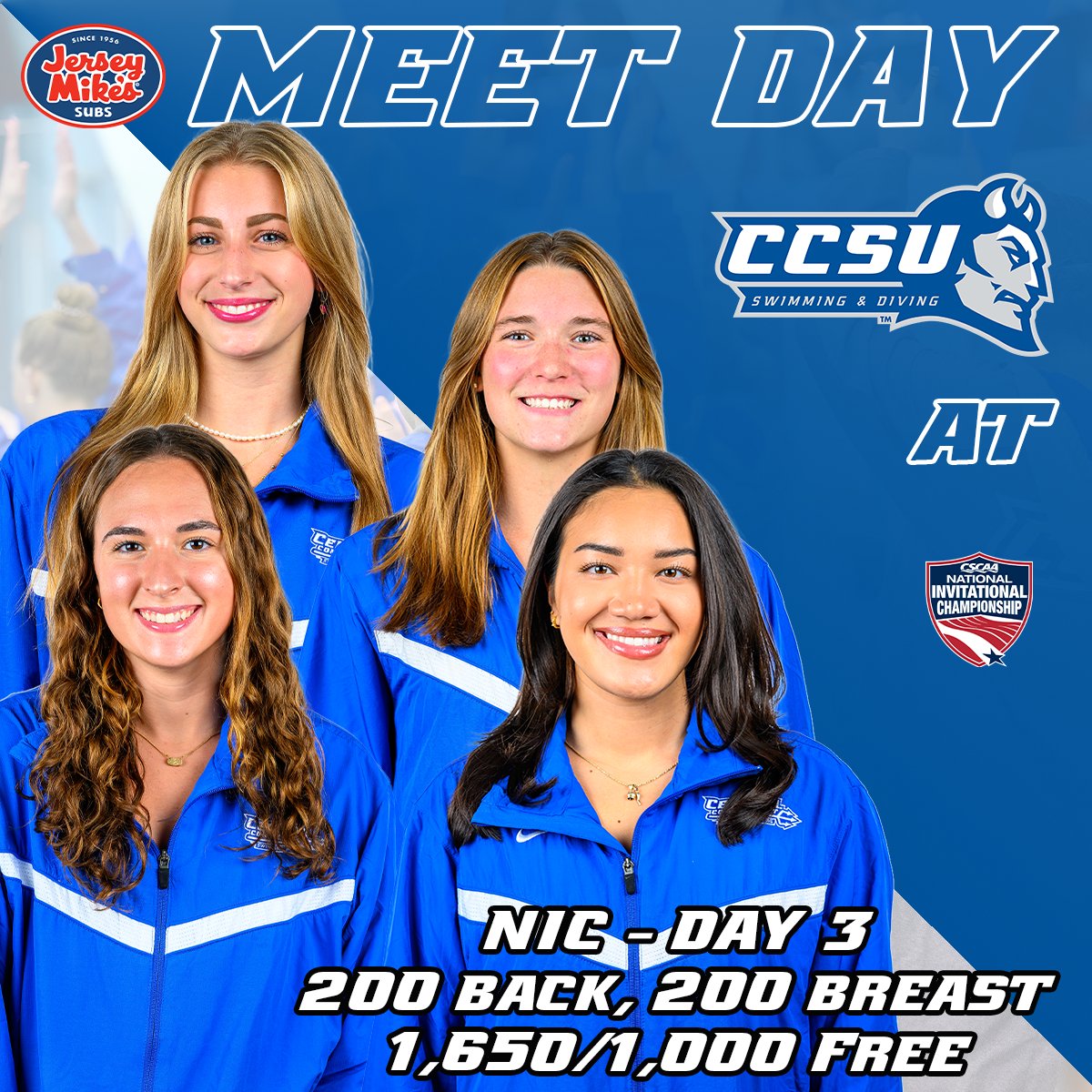 CCSUBlueDevils's tweet photo. #MEETDAY for @CCSUswimanddive!

ℹ️@CSCAA NIC - Day 3
📍Ocala, FL/FAST Facility
ℹ️200 Back, 200 Breast, 1650/1000 Free
🕤Prelims 9:30/Finals 6pm
📺https://t.co/qfFuQU57bq

#GoBlueDevils #NECSwimDive https://t.co/ZFqpXokpJk