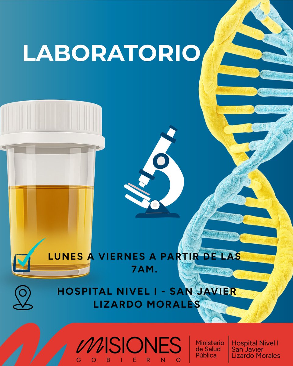 🧪 SERVICIO DE LABORATORIO El Hospital Nivel I – San Javier “Lizardo Morales” informa a la comunidad el funcionamiento del servicio de laboratorio. 
📝 Solicitud de turnos: 
➡ De lunes a viernes a partir de las 7:00 hs