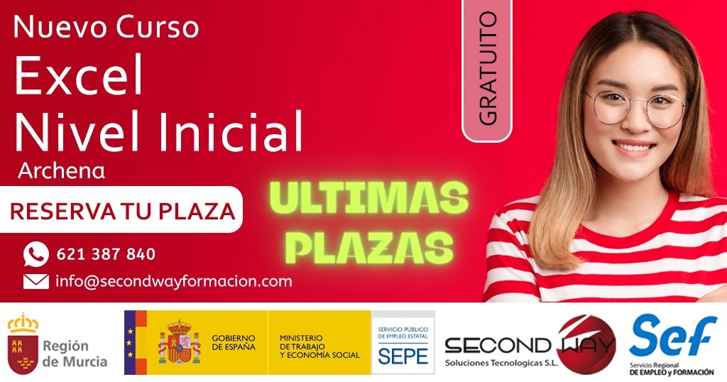 secondwayforma's tweet photo. Últimas plazas para nuestro curso de Hoja de Cálculo Excel inicial en Archena.
Un curso gratuito subvencionado por el SEF. No necesitas conocimientos previos. Este curso es ideal para personas que quieran iniciarse en Excel y adquirir una competencia clave en el entorno laboral https://t.co/QTKTZDe1x1
