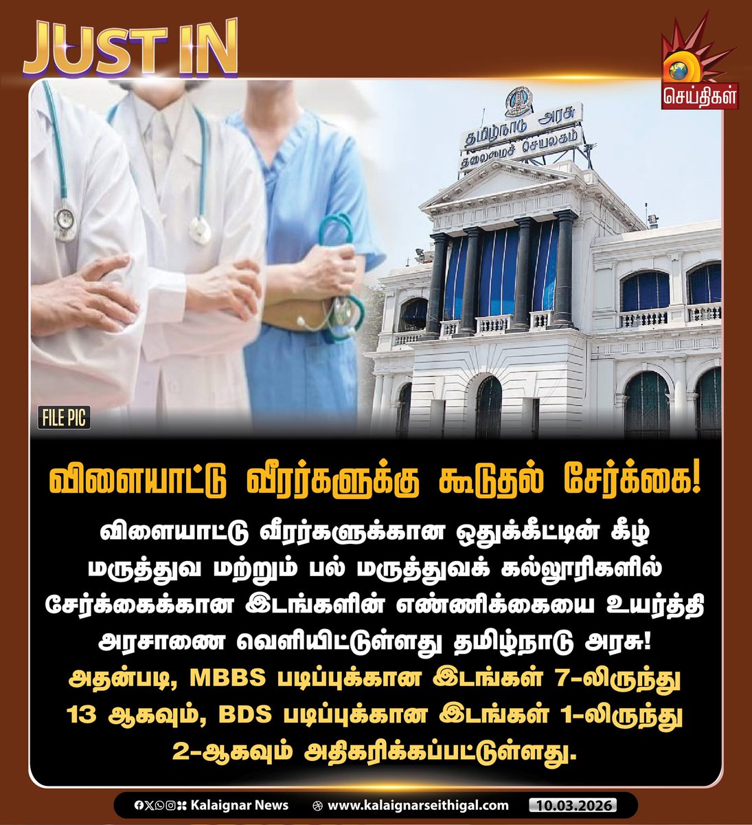 Kalaignarnews's tweet image. விளையாட்டு வீரர்களுக்கு கூடுதல் சேர்க்கை!

#TNGovt #MBBS #BDS #SportsQuota #Tamilnadu #KalaignarSeithigal