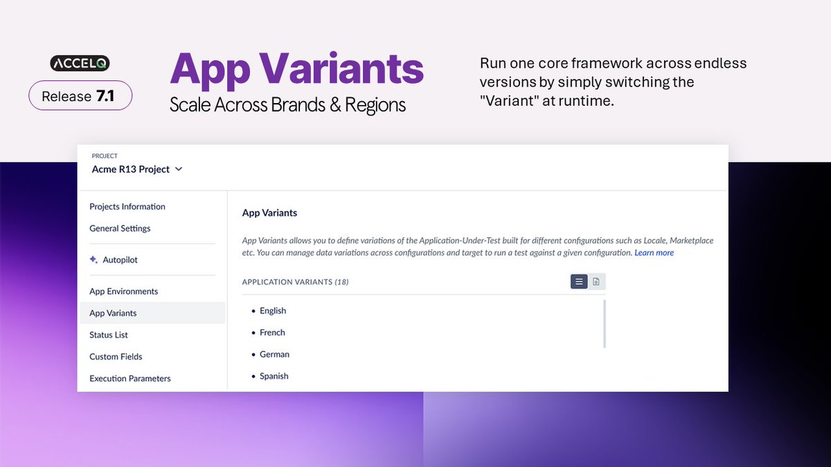 ACCELQ's tweet photo. Most automation frameworks struggle when the same application exists in multiple versions.
And suddenly your “reusable” automation suite becomes dozens of duplicated scripts.
ACCELQ 7.1 introduces 'App Variants' to solve exactly that problem.
https://t.co/XtHV9Jb4yl
#ACCELQ https://t.co/OKk7LBBBR2