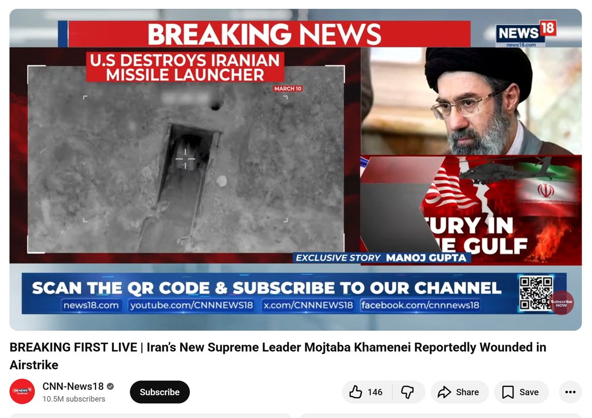 Mojtaba Khamenei: The shortest reign and costliest "Supreme Leader" in Iranian history.

The timeline: Elder Khamenei gone Feb 28. Mojtaba succeeds March 8. Wiped out in under 48 hours.

CNN-News18 is live-reporting he is "injured" in a massive airstrike, but Tehran has no proof