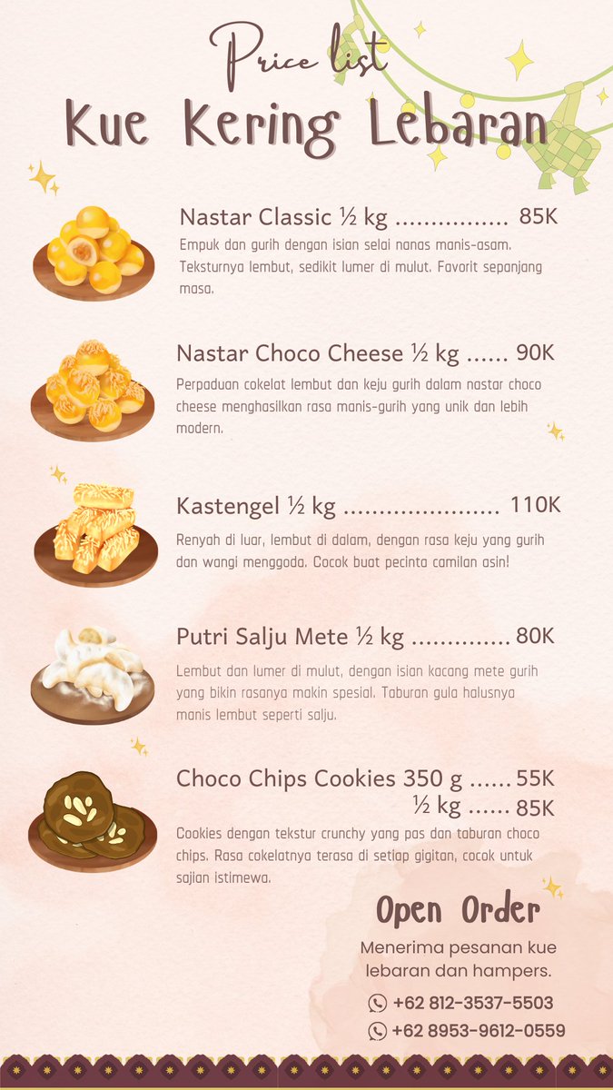 chocoshtt's tweet photo. haii gais 👋🏻🩷
open po macam macam #kuekering buat lebaran nih, boleh di cek dulu pricelist nyaa 
order via wa yaa
📍Malang, Jawa Timur https://t.co/9M93tlfg5G