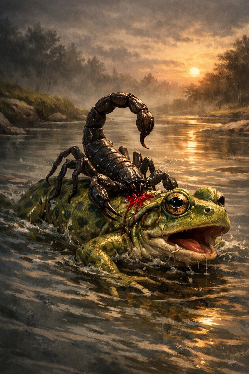 결국 모든 배신은 '그럴 만한 자리'에서 일어난다

어느 날 전갈이 개구리에게 강을 건너게 등 뒤에 태워달라고 부탁을 했다. 개구리는 불안했지만

“내가 널 찌르면 나도 빠져 죽을 텐데 그러겠어?”라는 전갈의 논리에 개구리는 안심하고 전갈을 등에 태웠다.

하지만 강을 다 건너갈 때쯤, 전갈은