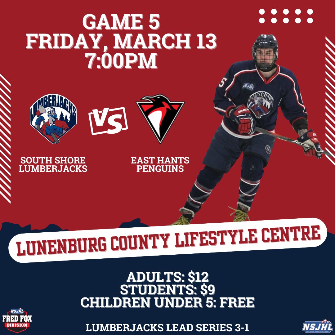 lumberjackshky's tweet image. Come out and cheer on your South Shore Lumberjacks as they go head-to-head with the East Hants Penguins for Game 5, Friday, March 13!

Be there. Bring the noise. LET'S GOOOOOO!!

🎟 Get your tickets at the door, doors open at 6:00pm!
📍 LCLC
🕖 Puck drops at 7:00pm!

#gojacksgo