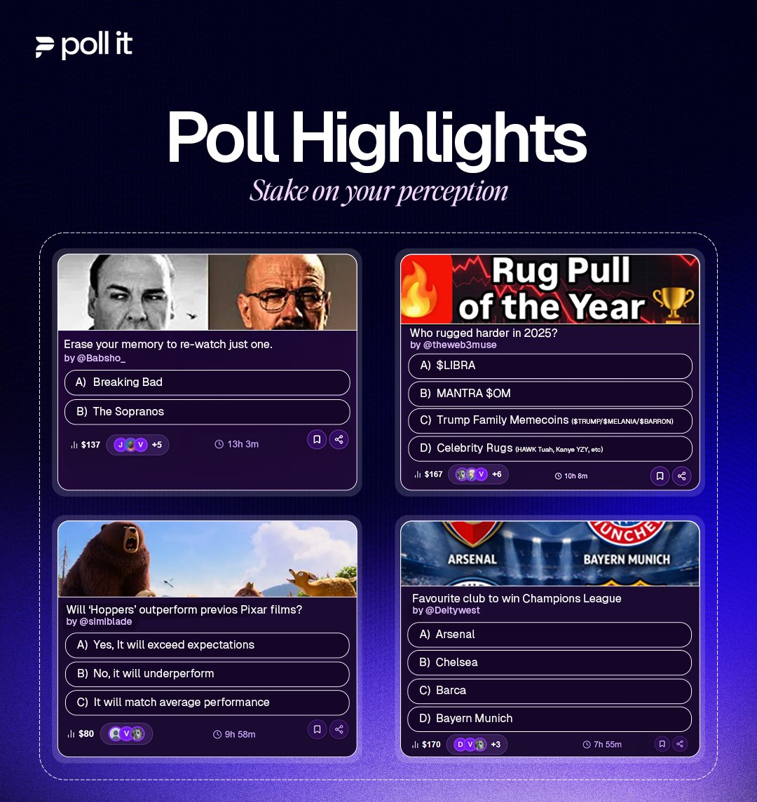 Creators &amp; voters are already earning on Pollit - from everything people actually argue about.

All you need is an audience and an opinion.

See what's live right now. The perception market is just getting started.

Live on <a href="/avax/">Avalanche🔺</a> -> pollit.fun