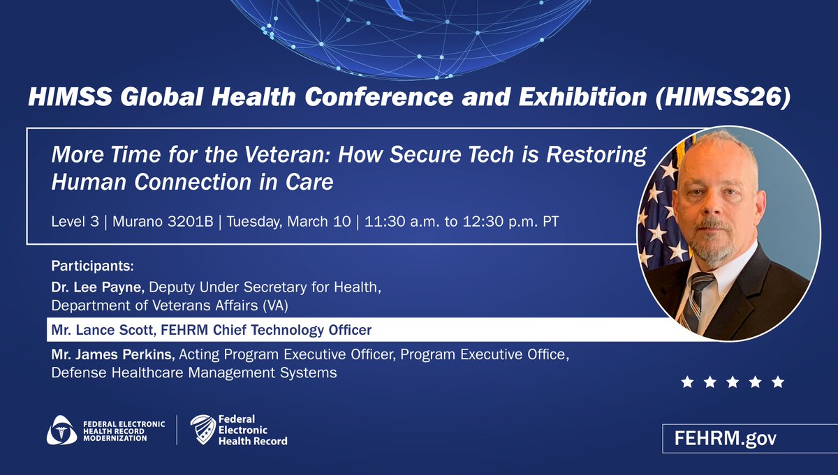 TODAY: Join @Lance Scott, #FEHRM Chief Technology Officer, @James A. Perkins, Acting Program Executive Officer, #PEODHMS, and @Dr. Lee Payne, Deputy Under Secretary for Health, <a href="/DeptVetAffairs/">Veterans Affairs</a>, for a #HIMSS26 fireside chat. Learn more at fehrm.gov/himss/.