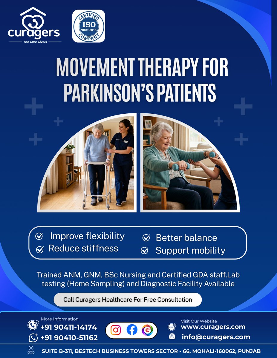 CuragersHealth's tweet image. Movement therapy helps Parkinson’s patients improve flexibility, balance, and mobility.

Get expert home healthcare support with Curagers Healthcare.

📞 +91 90411 14174
📞 +91 90410 51162
#ParkinsonCare #MovementTherapy #CuragersHealthcare #HomeHealthcare