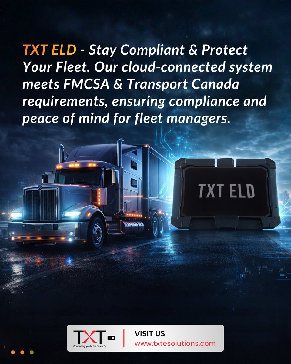 TXTELD's tweet photo. Stay ahead of the game with TXT ELD. Comply with the FMCSA &amp; Transport Canada mandate, protect your drivers, and streamline your operations.

Visit https://t.co/w1NBOMxu65 to know more. 

#FleetSafety #ELDMandate #DriverProtection #FleetCompliance #TXTELD https://t.co/FYcVs6K0ms
