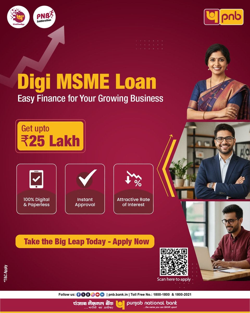 pnbindia's tweet photo. Big ideas deserve the right support.
With PNB Digi MSME Loan, access quick and convenient funding designed to help your business grow and move forward.
Visit https://t.co/FReQlDHd2Y or scan the QR code to apply.
#PNB #MSMELoan #MSMEFinancing #DigitalBanking #BusinessGrowth #EmpoweringMSMEs