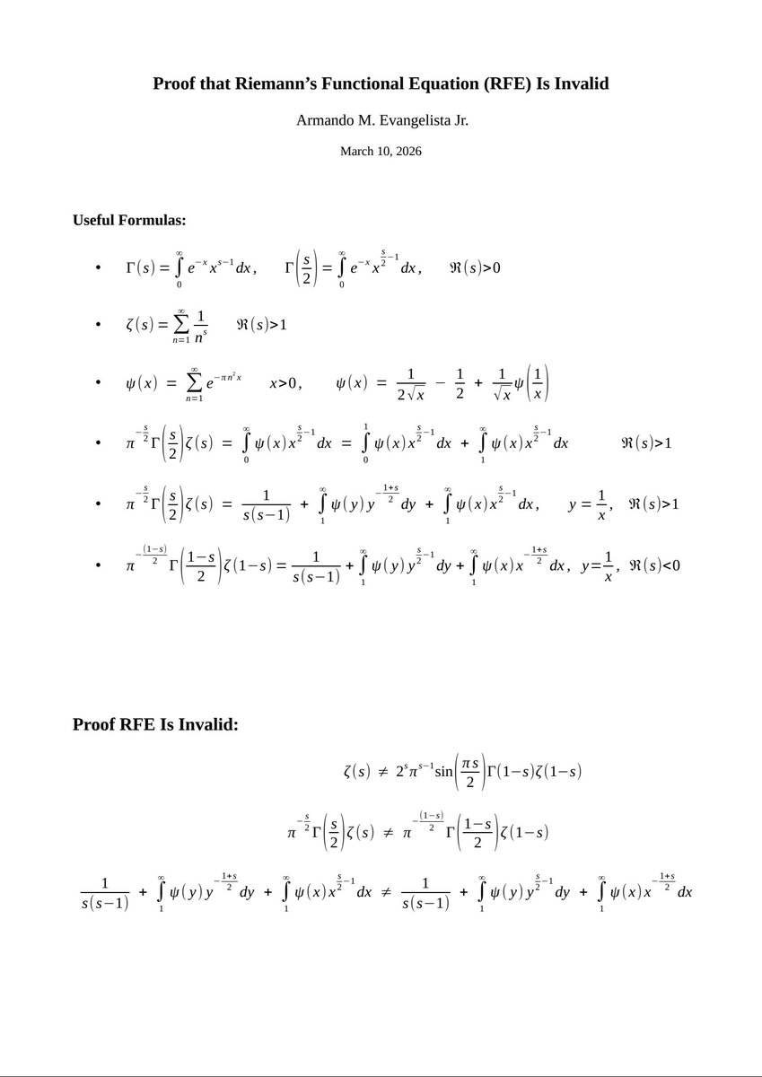 Armando197378's tweet photo. Proof that Riemann's Functional Equation is Invalid. https://t.co/2sW7vnegDa