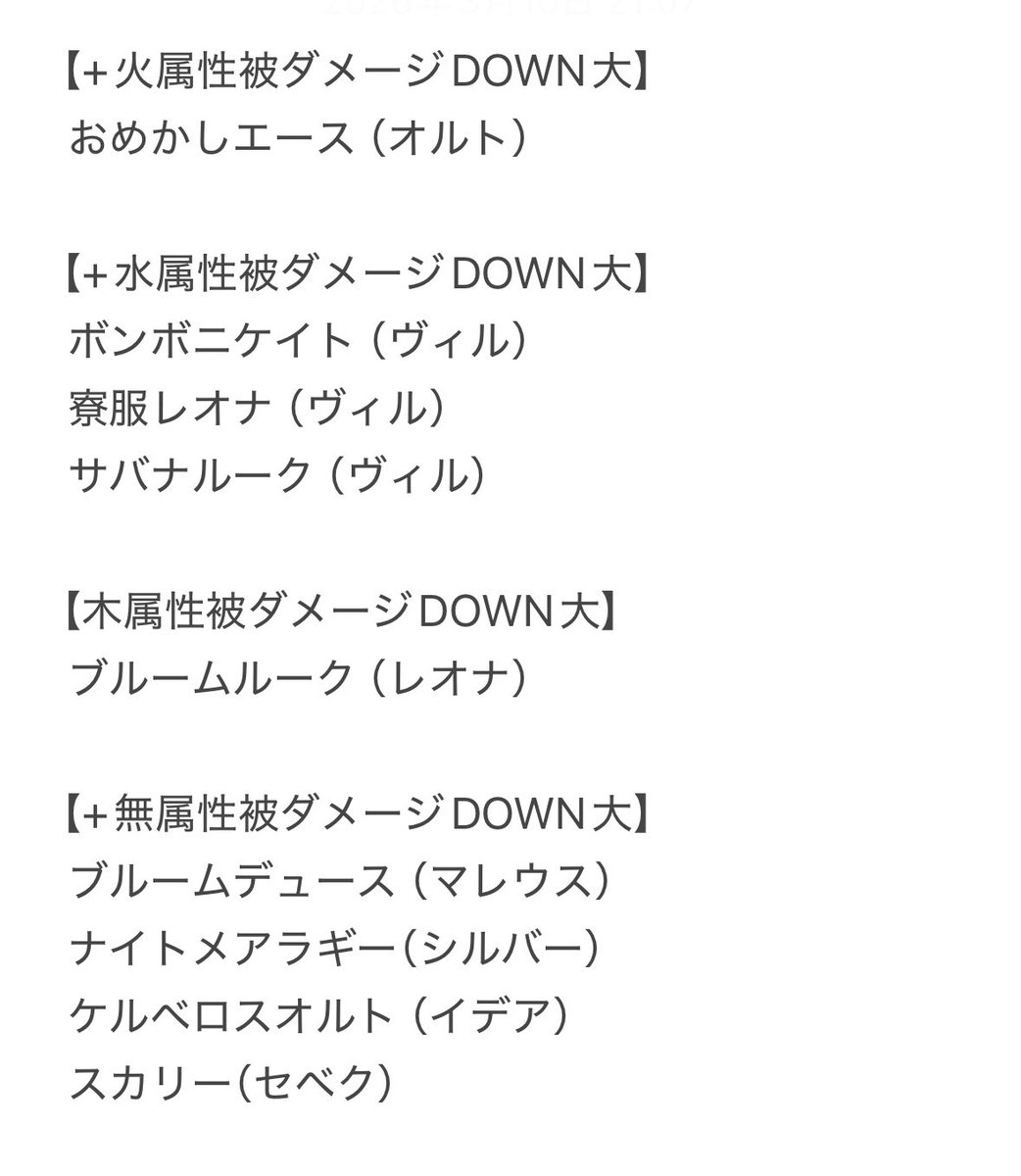 1枚目:被ダメージDOWN追加 2枚目:属性被ダメージDOWN追加 3枚目:継続回復・回避追加 4枚目:クリティカル追加