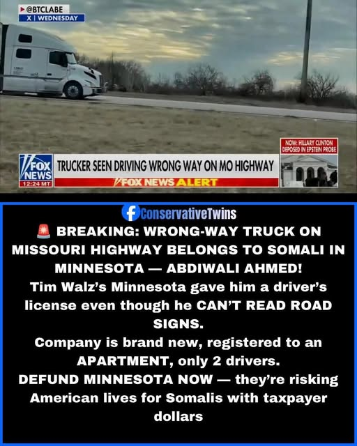 Truck caught speeding the wrong way on a Missouri highway is owned by a Somali man named Abdiwali Ahmed.
Minnesota issued him a driver’s license even though he cannot read road signs.
The company is under 3 years old, registered to an apartment.
Tim Walz owns this.