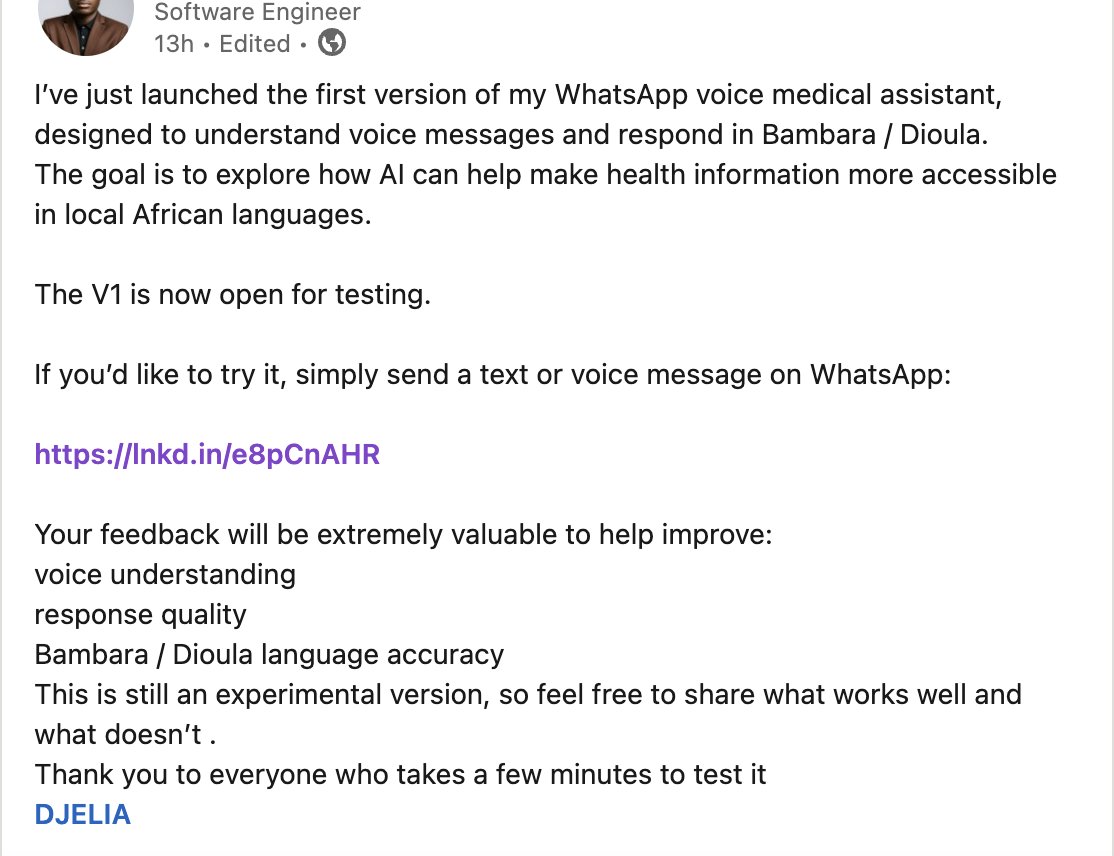 djeliia's tweet photo. Powered by @djeliia 🔥
🛠️ A builder just shipped  👩‍💻👨‍💻

A WhatsApp voice medical assistant in Bambara / Dioula powered by #DJELIA.

Voice messages → AI processing → voice response in local language.

This is what happens when developers start building with the African language AI infrastructure by #DJELIA.

Now it's your turn 🫵🏾 to build.

🌍 Website 👉 https://t.co/gKjCW31Mho
⚡️DJELIA console: https://t.co/f3WA9QkMC9 
Free $5 welcome credit to start experimenting.

#DJELIA #AfricanAI #BuildInPublic #Mali #BurkinaFaso #Guinée #Senegal #Gambie #C225 #Maritanie