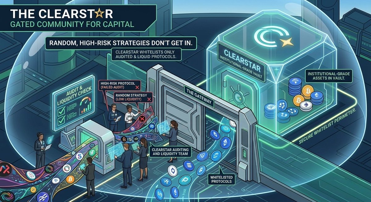 4AhomeLOAN's tweet image. Think of it as a gated community for your capital. 🚪 Random, high-risk strategies don’t get in. Clearstar whitelists only the protocols that pass strict audits and deep liquidity checks. If it isn't institutional-grade, it isn't in the vault.

#QualityControl #DueDiligence