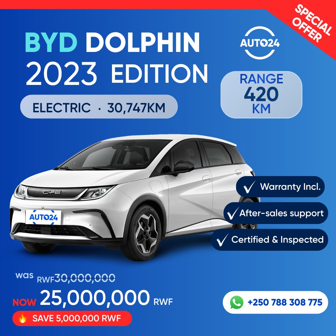 The 2023 BYD Dolphin, fully electric and efficient .🐬⚡

420 KM range, fast DC charging, automatic drive and a rotating touchscreen. Everything you need, nothing you don't.

Certified, warranty included &amp; backed by a 5-day refund policy. ✅

RWF 30,000,000 → RWF 25,000,000 🔥