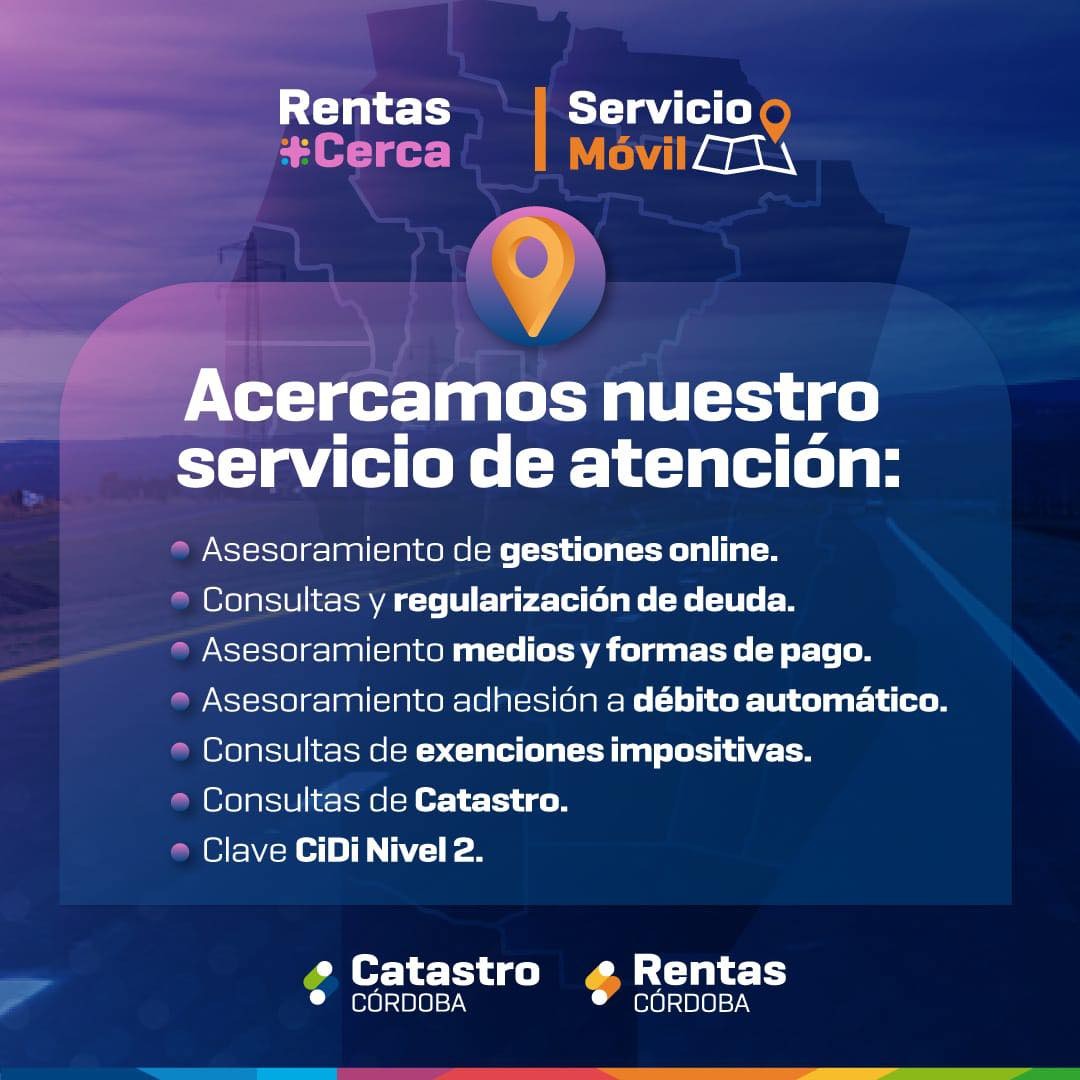 📍 Rentas + Cerca en Villa Huidobro
Este jueves 12 de marzo, desde las 9:30 hs, el servicio móvil de Rentas y Catastro Córdoba atenderá en la Municipalidad

#UnGobiernoQueNosUne
#GestiónEnzoQuiroga