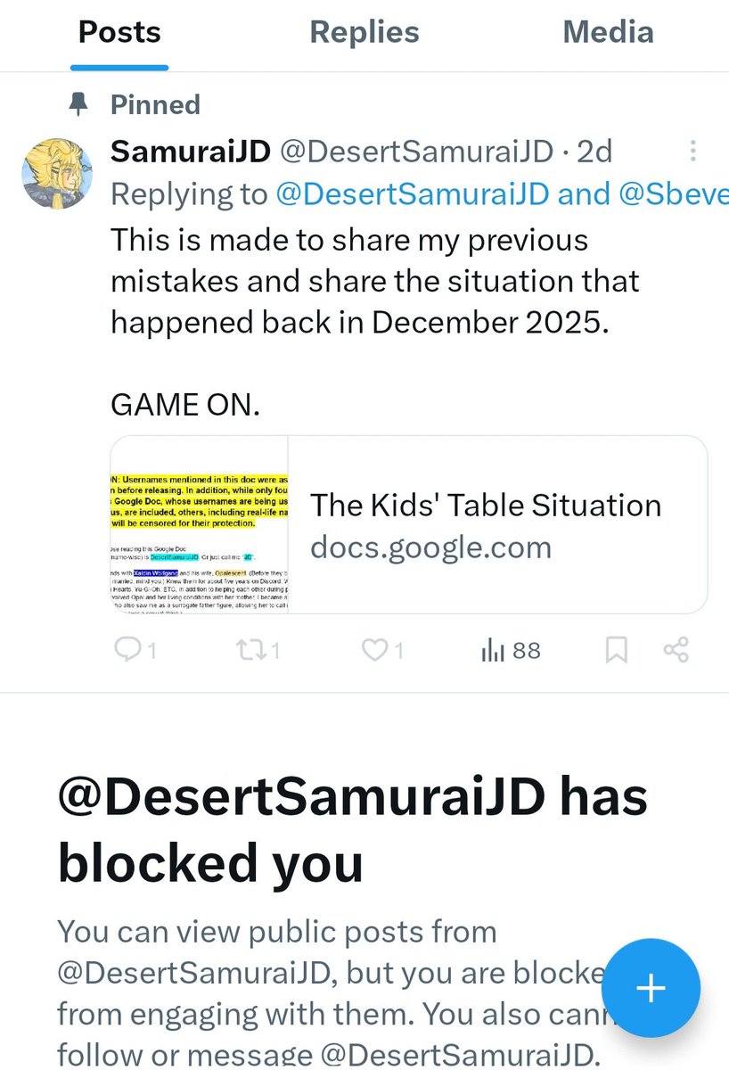Hey <a href="/DesertSamuraiJD/">SamuraiJD</a>!
Since you wanna bring my name into this beef you have with Starry, Xaldin, and Opal despite me leaving you completely alone, and defend the people who wronged me while lying through your teeth, how about you and I have a little chat? Hit me up on Discord