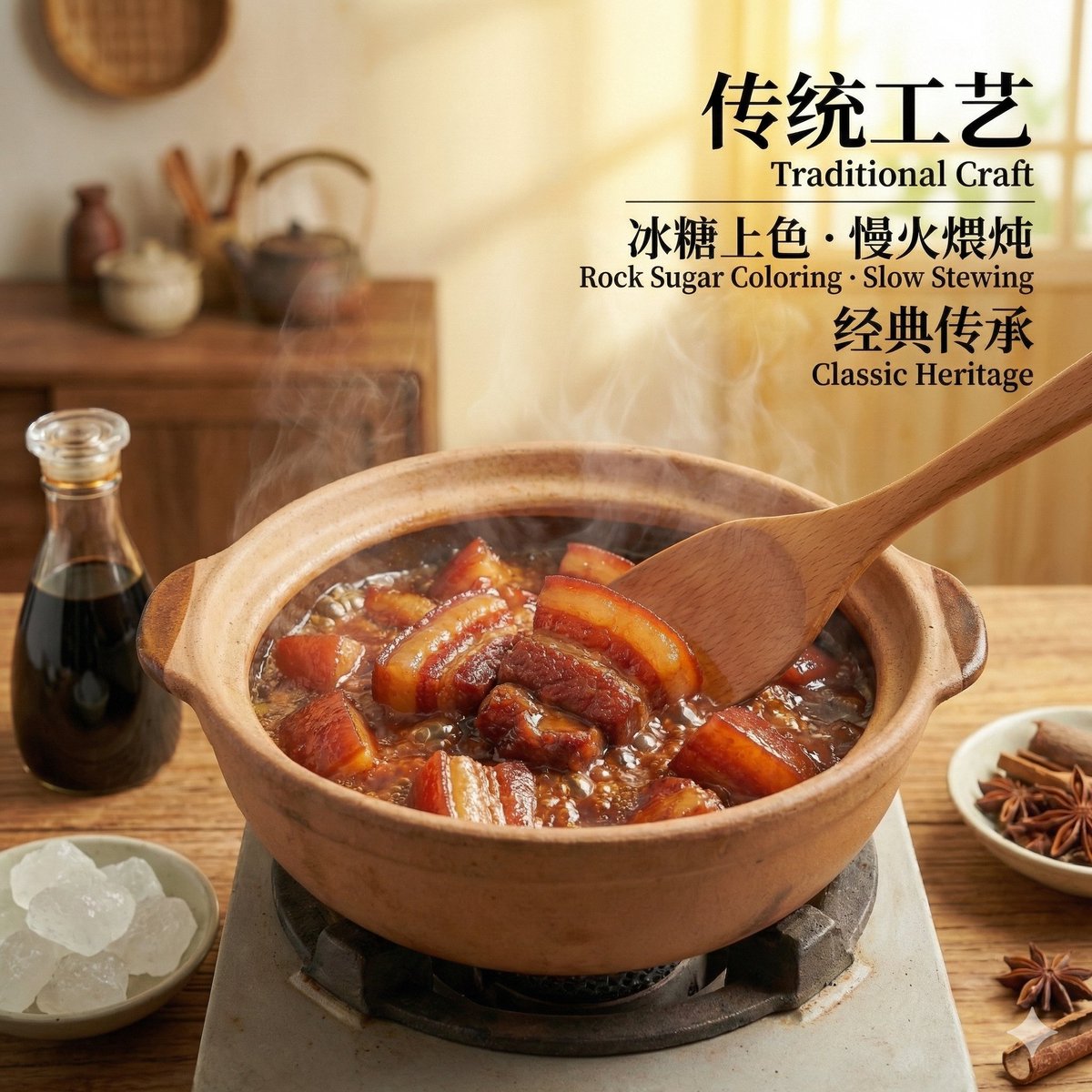 记忆中最温暖的味道，莫过于妈妈亲手炖的那碗红烧肉。五花肉在锅中慢慢炖煮，酱香渐渐渗入每一丝肉纹理，肥肉变得晶莹剔透，瘦肉吸饱了浓郁的汤汁。