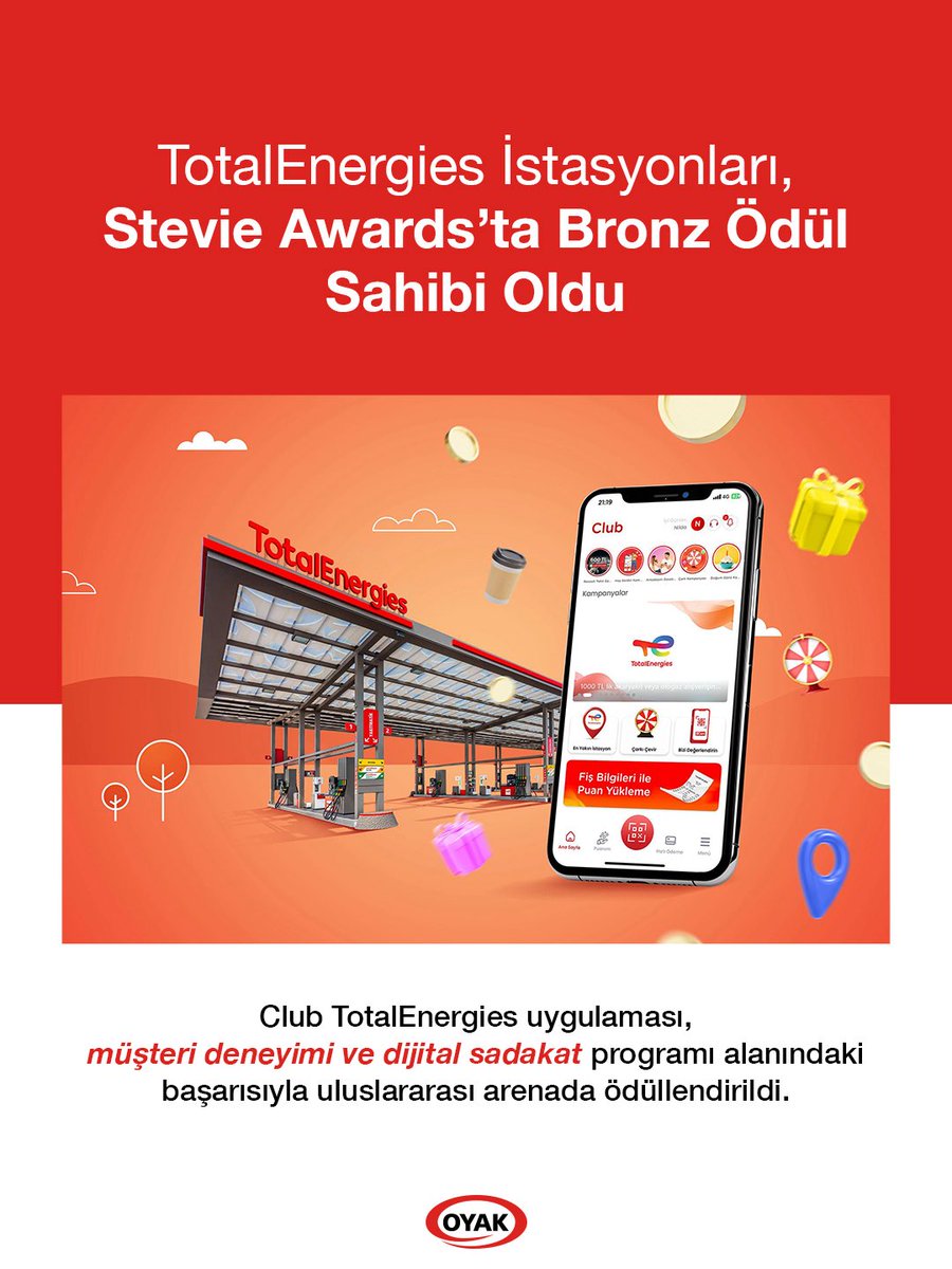 OYAK bünyesinde faaliyet gösteren TotalEnergies İstasyonları müşteri sadakat programı Club TotalEnergies ile 20. Stevie Awards kapsamında Sales &amp; Customer Service kategorisinde bronz ödülün sahibi oldu. 

TotalEnergies İstasyonları “Yeni Nesil Enerji, Daha İyi Gelecek" vizyonu