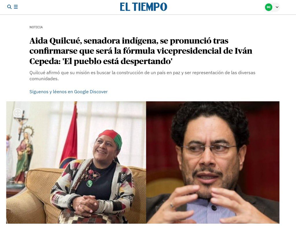 Los izquierdópatas tienen el mismo libreto. Así como Petro usó a Francia Márquez para llegar al poder, lo mismo hace Cepeda con Aída. 

Les encanta usar las "minorías" para luego ni determinarlas.
