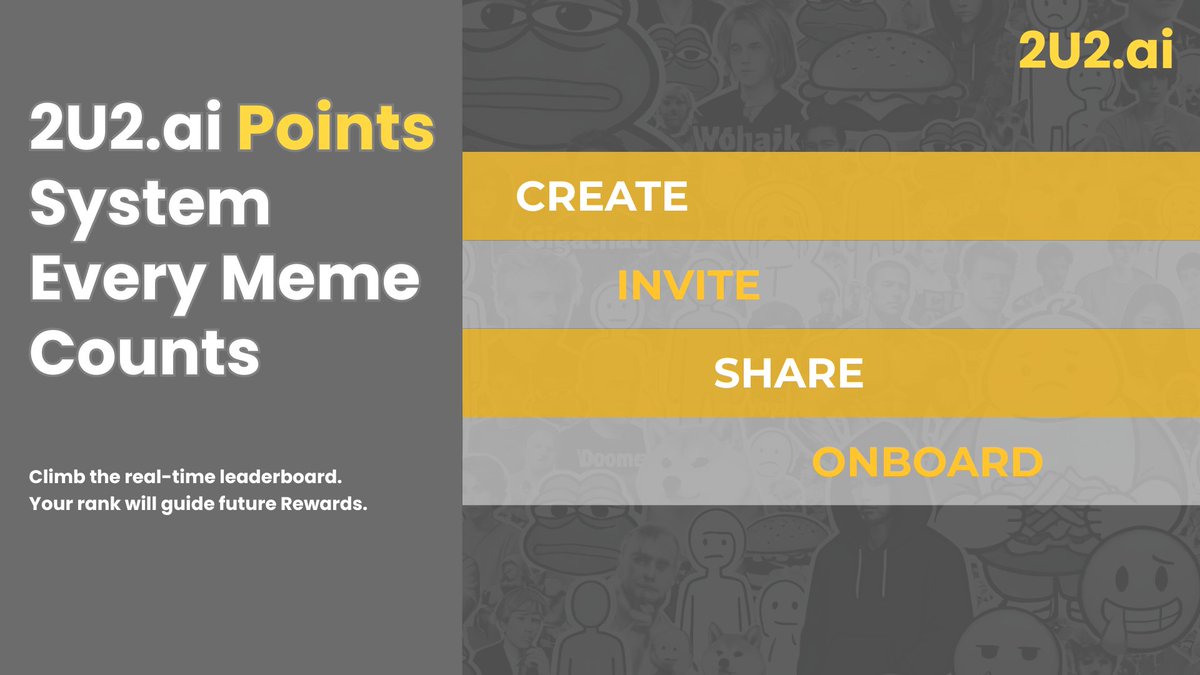 The 2U2.ai Points System is live ⚡

Start Now 👉 2u2.ai/app/trending

🎨 Create memes &amp; join #MemeBattles
📢 Share your favorite memes
🌐 Invite friends and grow the network

Every #meme builds the #MemeLayer, every POINT lines you up for future rewards.

📚