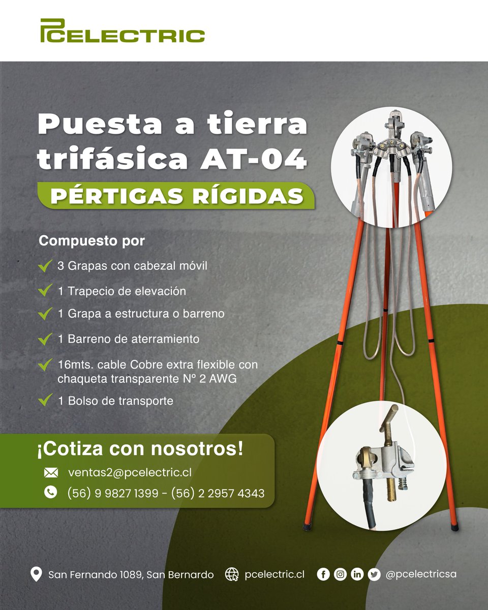 pcelectricsa's tweet photo. Conjunto puesta a tierra trifásica AT-04 
Diseñado para garantizar seguridad en trabajos de sistemas eléctricos. Fabricado con materiales de alta calidad, resistentes y duraderos.

Solicite su cotización
✉ ventas2@pcelectric.cl
📞(56) 9 9827 1399 - (56) 2 2957 4343 https://t.co/TLpboy6H4u