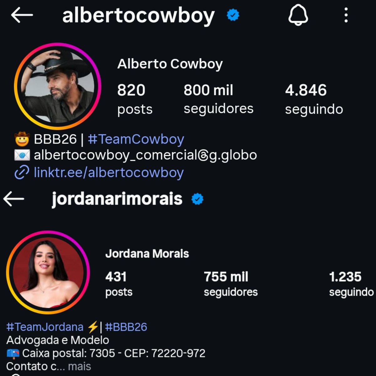 soulanzin's tweet photo. Acho que até sexta-feira, no MÁXIMO domingo, o cowboy e a Jordana vão pegar 1 milhão no Instagram. Eles são os únicos dos fudiders que não estão na marca de 1 milhão, mas eles estão crescendo demais e muito rápido. #BBB26 https://t.co/gkTw7Q7h75