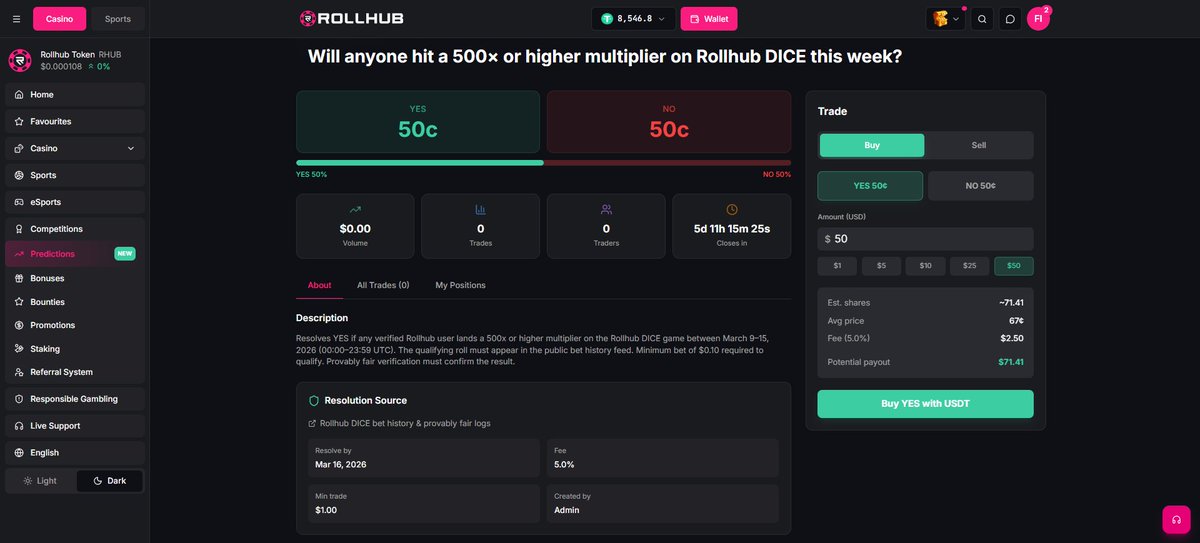 rollhub_com's tweet photo. 🚨 NEW: Rollhub Predictions is LIVE
Predict real outcomes and trade your opinion.
First market:
🎯 Will anyone hit 500× on Rollhub DICE this week?
📅 Mar 9–15
Buy YES or NO and profit if you're right.
Trade now 👇
https://t.co/RoHRQLfEeN
#Rollhub #RHUB https://t.co/61hSTG2Hqp
