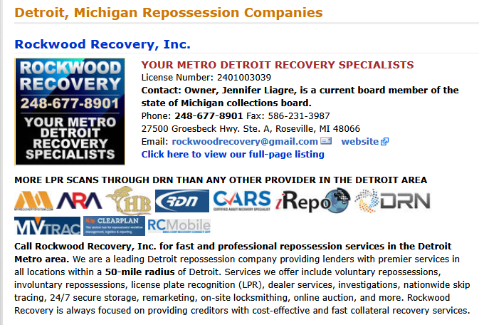 autorepo's tweet photo. Repo Spotlight: ***ROCKWOOD  RECOVERY, INC. 248-677-8901***a METRO DETROIT REPOSSESSION AGENCY, TOP DRN SCANNER. Doing Repossessions,  Investigations, Skip  Traces, Locksmithing. Advertise like Rockwood Recovery does on the No.1 Repo Directory to get found on more searches. https://t.co/6paltWZbd3