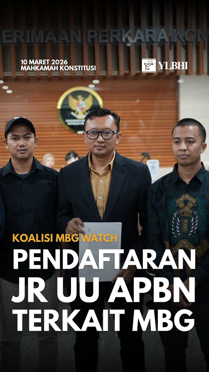 YLBHI's tweet photo. Selasa, 10 Maret 2026, Koalisi MBG Watch mengajukan permohonan Judicial Review terhadap UU APBN terkait tata kelola anggaran MBG ke Mahkamah Konstitusi. Koalisi berpandangan bahwa UU APBN dan kebijakan MBG berpotensi melanggar konstitusi.

Selain itu, MBG juga telah memberi dampak buruk bagi usaha kecil mikro yang digerakkan perempuan karena tersedot oleh vendor-vendor berskala besar. Program MBG seharusnya menjadi momentum bagi negara untuk membuka kesempatan kerja dan mengakui peran perempuan, bukan hanya dianggap sebagai penonton.

"Perempuan Indonesia tidak membutuhkan MBG, Perempuan Indonesia membutuhkan pekerjaan," ucap Novia Sari, Solidaritas Perempuan Indonesia. "Kami meminta kepada Hakim MK jalankan fungsi anda sebagai negawaran, jamin dan penuhi hak warga," jelas Muhamad Isnur, YLBHI.

"Ketika negara terus melemahkan demokrasi, kami mengimbanginya dengan cara yang beradab, melalui permohonan Judicial Review ke Mahkamah Konstitusi ini," tutup Busyro Muqoddas, salah satu pemohon JR UU APBN.

Saksikan selengkapnya melalui kanal Youtube YLBHI https://t.co/GhfeiLKprN