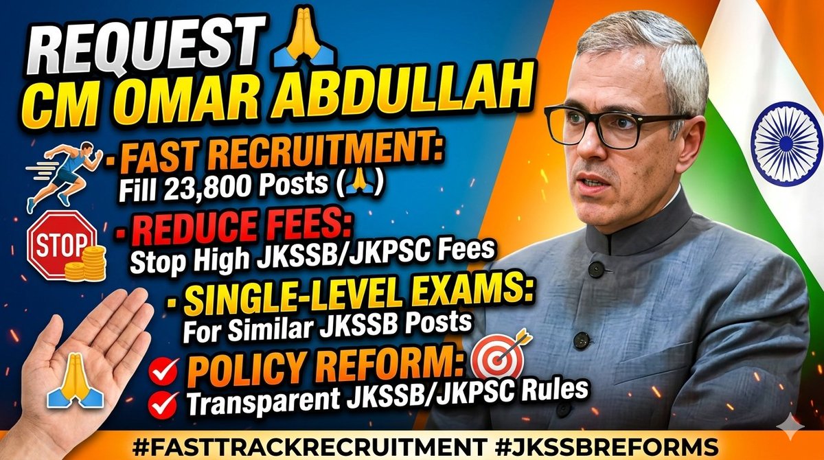 JkssbExam's tweet photo. Request cm Omar Abdullah 

-To fast track Recruitment Process of 23k posts 
- Proper Recruitment policy for jkssb /JKPSC 
- Single Level Recruitment in JKSSB so that candidate don't need to pay fees again and again for similar type of posts 
@CM_JnK
@OmarAbdullah https://t.co/nyz1yyO4CA