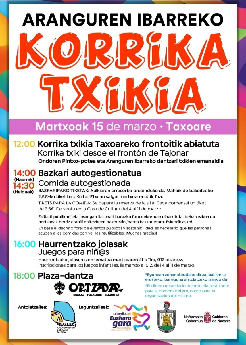 KORRIKA TXIKIA 2026

📅 Martxoak 15
🕢 Egun osoan zehar
📍Taxoare

Korrika simulakroa, ibarreko dantzari txikiak, bazkari autogestionaria, dantzaldia... eta askoz gehiago!!

Animatu!!

#Korrika24
#EuskaraGara