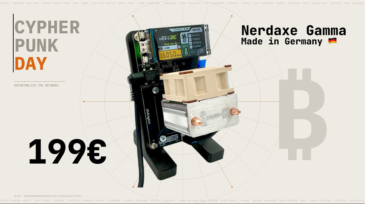 Pleb_Style's tweet photo. 🏴 This year at Cypherpunk week we're making mining decentralized again!
Hashrate number go up and every pleb can help 💪🏻
We're offering the Nerdaxe Gamma for just 199€

Plebs together strong 🔥 https://t.co/9FHmggrTsY