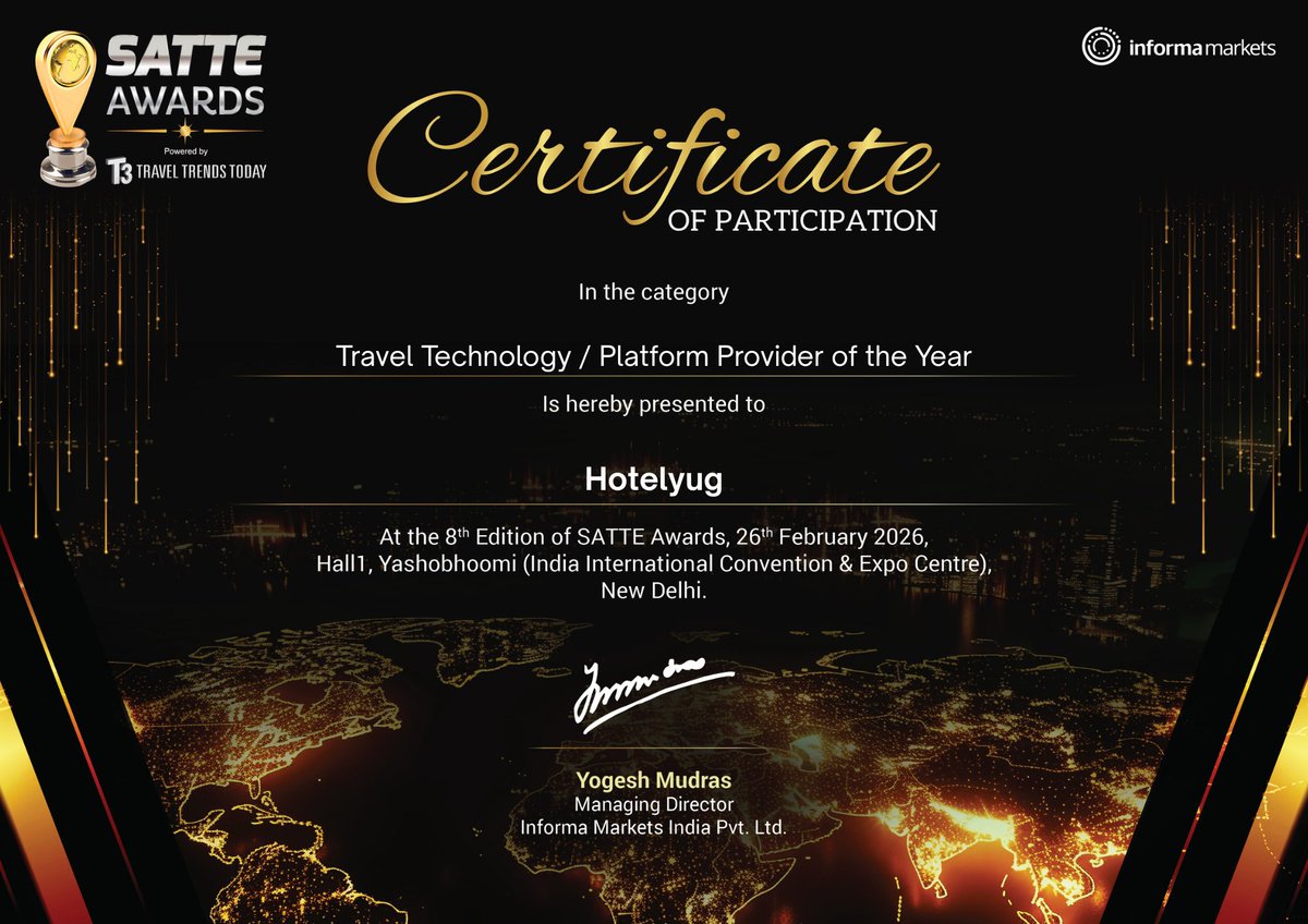 hotelyug's tweet photo. A proud milestone for Hotelyug at SATTE Awards 2026 in the category Travel Technology / Platform Provider of the Year.

The journey of transforming hotel experiences continues. 

#Hotelyug #SATTEAwards #TravelTech #HospitalityInnovation https://t.co/tS8MCKnfbs