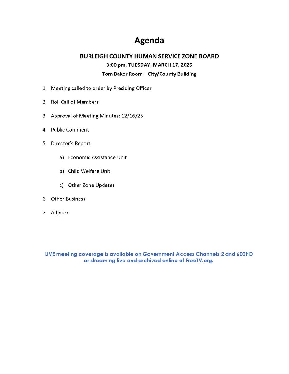 𝗕𝘂𝗿𝗹𝗲𝗶𝗴𝗵 𝗖𝗼𝘂𝗻𝘁𝘆 𝗛𝘂𝗺𝗮𝗻 𝗦𝗲𝗿𝘃𝗶𝗰𝗲 𝗭𝗼𝗻𝗲 𝗕𝗼𝗮𝗿𝗱 𝗠𝗲𝗲𝘁𝗶𝗻𝗴
3:00 PM
March 17, 2026
221 N 5th St, Bismarck 

#BurleighCo