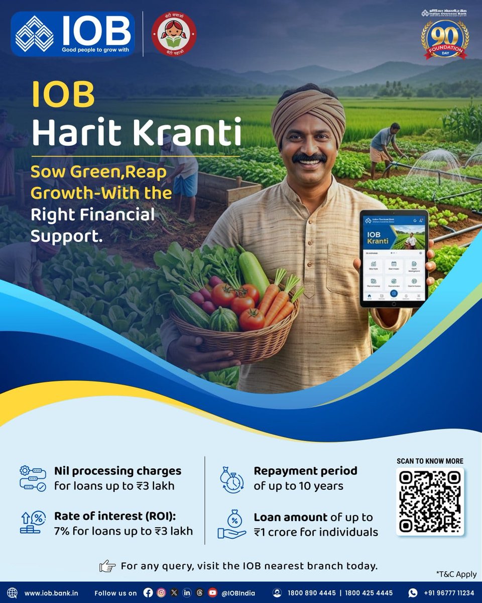 IOBIndia's tweet image. IOB Harit Kranti provides farmers with the financial support needed to practice and grow organic crops.

Click here to know more: iob.bank.in/en/iob-harit-k…

#IOBHaritKranti #OrganicFarming #SustainableAgriculture #SmartBanking #FarmerSupport #IOB #DFS #RBI #GoodPeopleToGrowWith