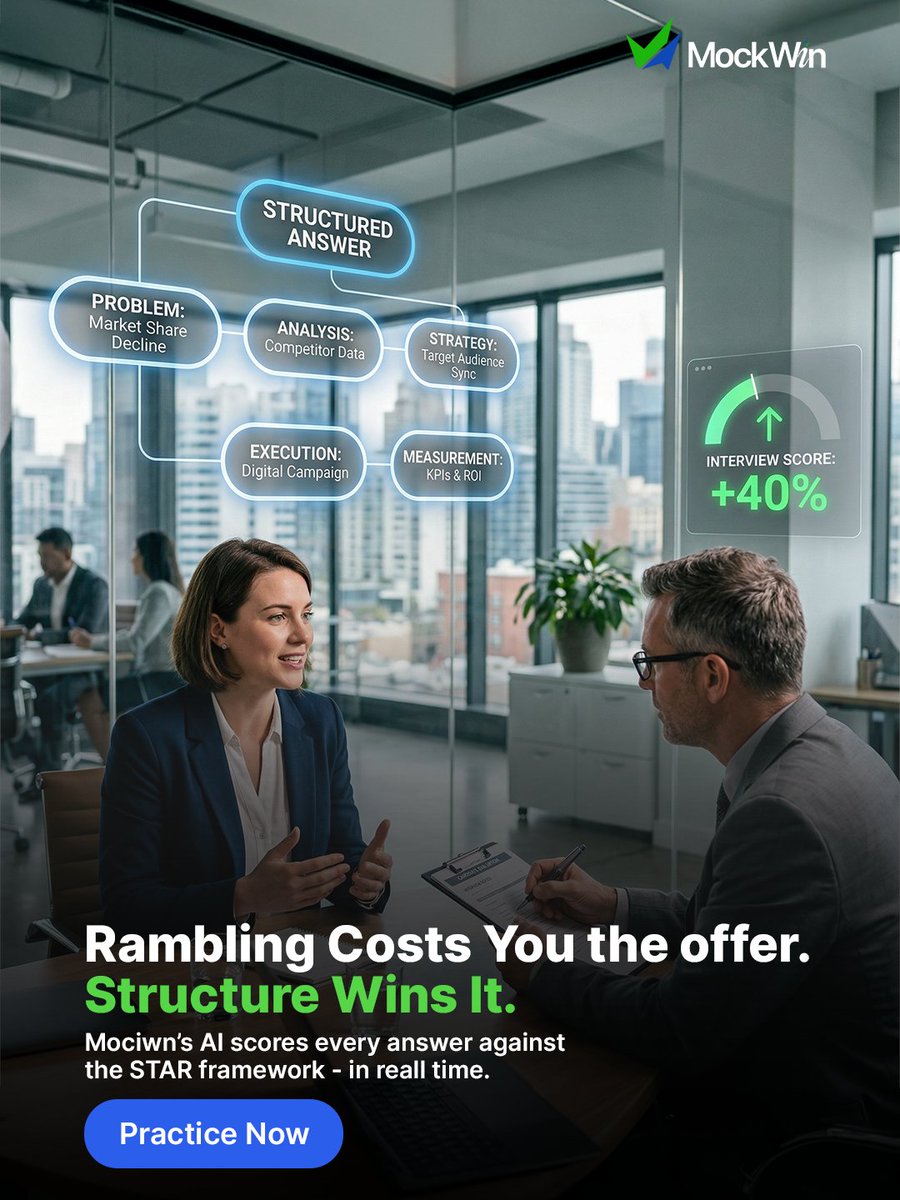mockwinAI's tweet photo. Rambling costs offers. Structure wins them.
MockWin listens to your answers and scores them against the STAR framework in real time β so you know exactly what to fix before the real interview.
Practice smarter.
https://t.co/MPNqGq5Q0p
#InterviewPrep #STARMethod #MockWin https://t.co/p67mdhnigw