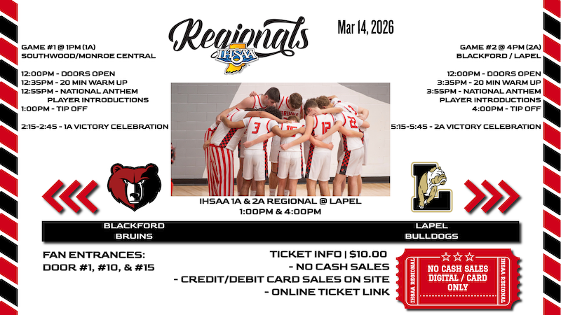BlackfordBruins's tweet photo. LAPEL REGIONAL INFORMATION FOR SATURDAY (3/14):

- NO CASH SALES
- TICKET LINK: https://t.co/ysSCPTVdMu

GO BRUINS &amp; CHASE EXCELLENCE https://t.co/xH4uboN63T
