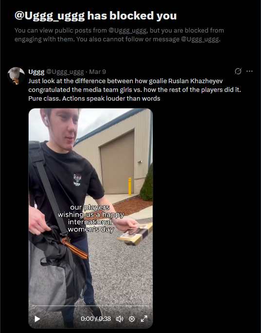 This Russian "sports enthusiast" blocked me immediately after I asked what the ribbon on Ruslan's bag is. He also hid my comment.

The fragility of man.