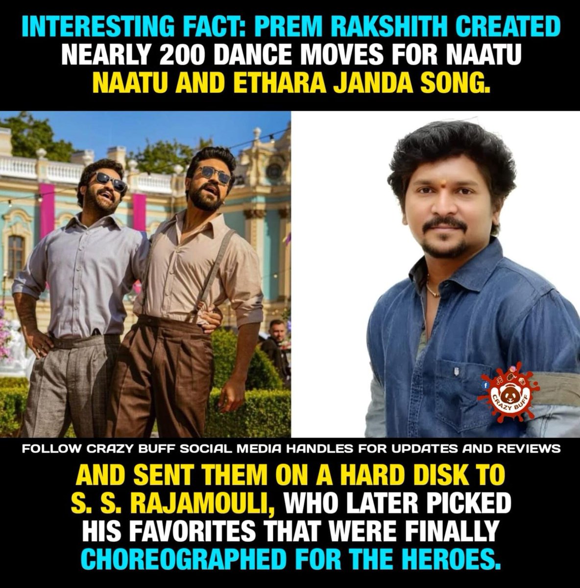 CrazyBuffOffl's tweet photo. #PremRakshith sent 200 dance steps for #NaatuNaatu
#Rajamouli #RRR #Ramcharan #NTR https://t.co/5BKLyy1xCl