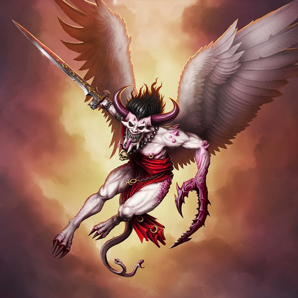 xathrodox86's tweet photo. Azazel, also called the "Prince of Damnation", the "Damned Prince" and "Captain of the Ecstatic Legions," born as a Human named Gerreon, is a powerful Daemon Prince of Slaanesh.👹

He was once a companion of Sigmar, but ultimately betrayed him and chose damnation.😱
#WarhammerArt https://t.co/iXlMzkKCmT