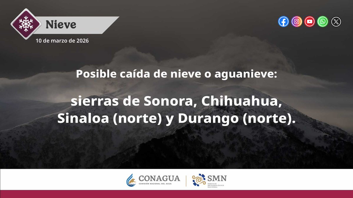 conagua_clima's tweet photo. La tercera #TormentaInvernal originará ambiente #Frío y condiciones para la caída de #Nieve o #Aguanieve, en regiones de #Sonora, #Chihuahua, #Sinaloa y #Durango, durante este martes, 10 de marzo. Más información en los gráficos  ⬇️ https://t.co/QCD61mqZ9c