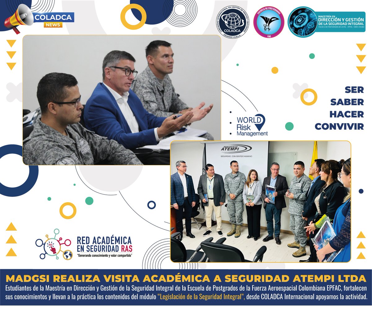 COLADCA's tweet photo. 🛡️#ActividadDestacada Estudiantes, Docentes y Directivos del Programa #MADGSI, Escuela de Postgrados de la FAC -EPFAC, realizaron visita académica a la Empresa SEGURIDAD ATEMPI

🎬 Proceso académico y apoyo al Programa de Maestría en Dirección y Gestión de la Seguridad Integral. https://t.co/h8p2R4mEIC