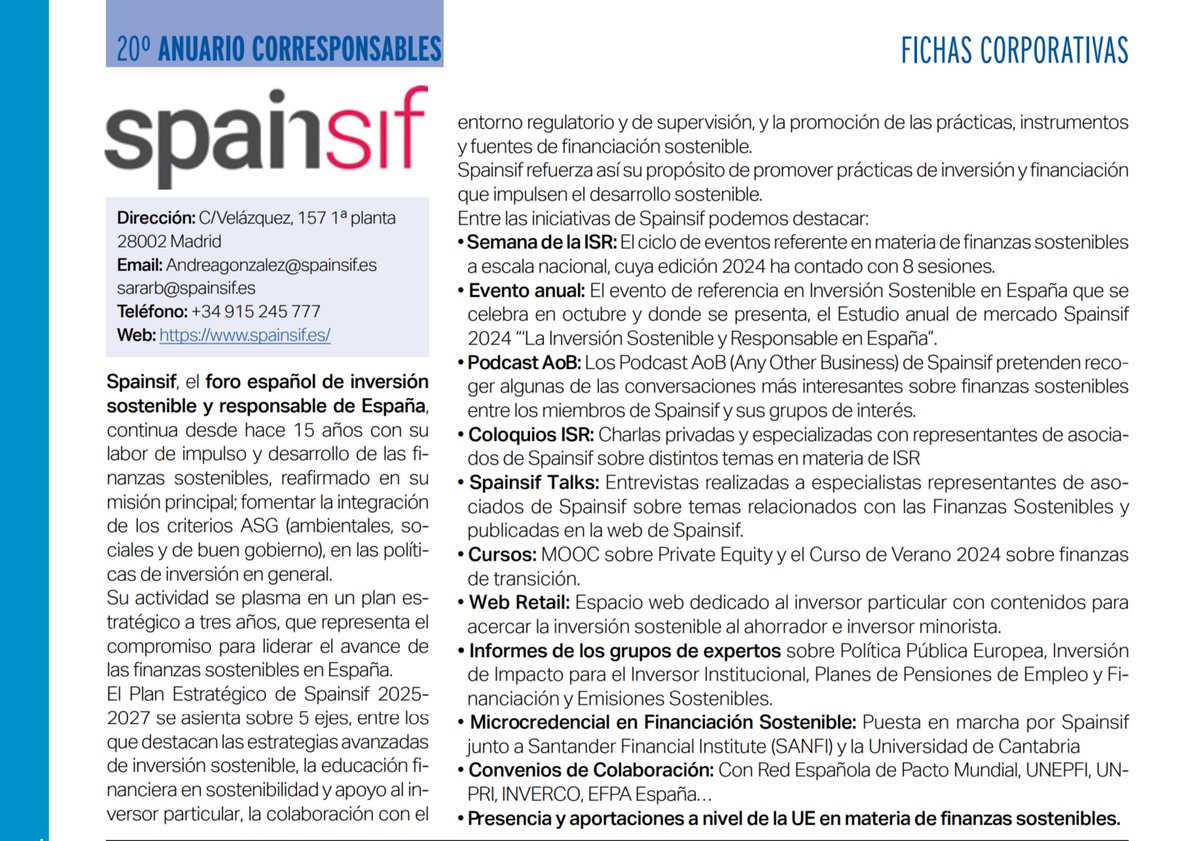 Corresponsables's tweet image. Spainsif - Ficha corporativa en el #20AnuarioCorresponsables

🌍 Spainsif es el foro español de #InversiónSostenible y responsable, con más de 15 años de trayectoria, trabajando para integrar los criterios #ASG (#ambientales, #sociales y de #BuenGobierno) en las políticas de