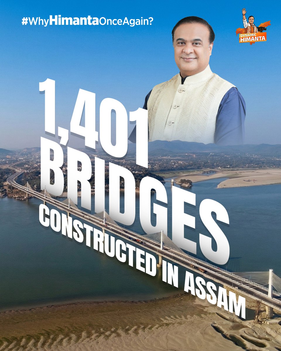 ktchandra2's tweet photo. #WhyHimantaOnceAgain? Because under  @himantabiswa’s leadership, Assam has built 1,401 bridges, transforming connectivity &amp; progress Dynamic Himanta is reshaping Assam’s future with massive infrastructure feats.  #AssamDevelopment #BridgeBuilding #HimantaBiswaSarma" https://t.co/Omk9b9kN9f
