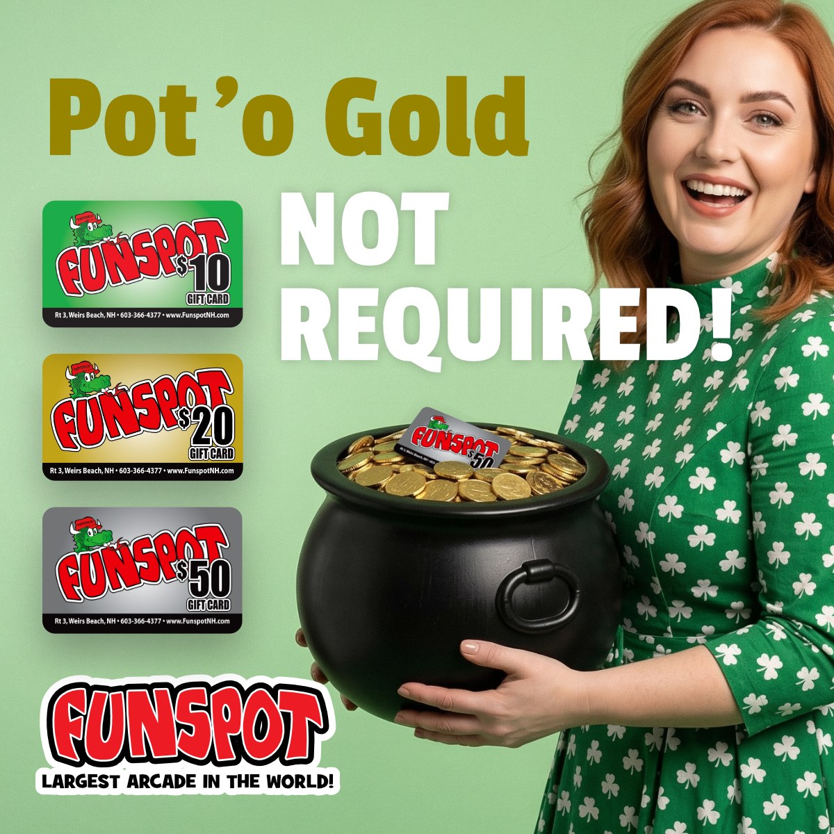 funspotnh's tweet image. ☘️ Don't waist time looking for a pot o' gold this St. Patrick’s Day!

We’ve got something better… Funspot FUN! 🎮

Gift cards make the perfect lucky surprise for arcade lovers.

🎁 Get yours with FREE SHIPPING!
funspotnh.com/giftcards/

#FunspotNH #ArcadeFun #StPatricksDay