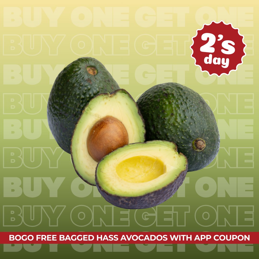 ✌️Happy 2's Day!✌️
-
BOGO free bagged Hass Avocados today only using the My Hometown Rewards App! 🥑📲