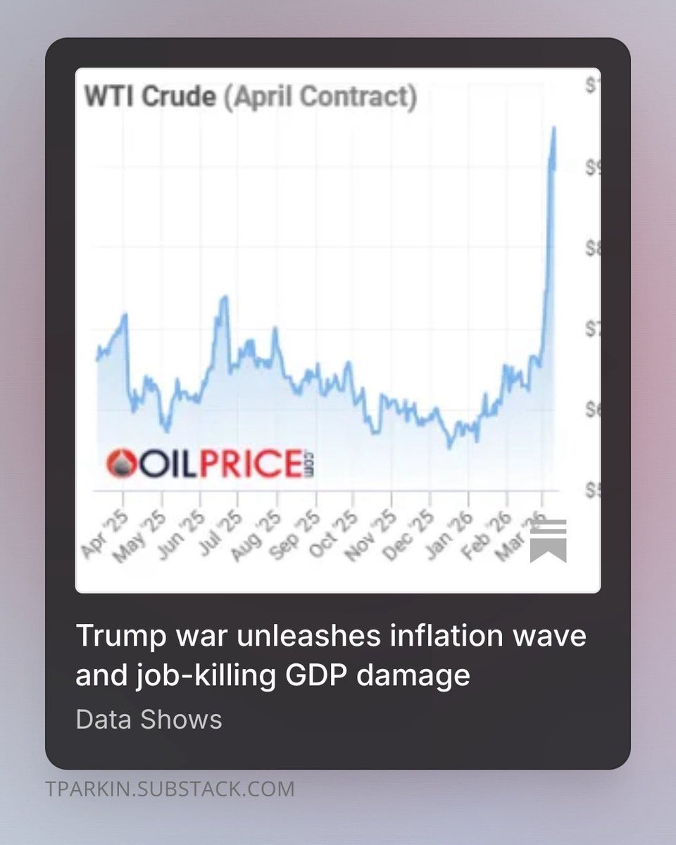 DataShowsMedia's tweet photo. Trump’s war has crude prices soaring and an inflation wave coming

The BoC warns that wave could trigger higher interest rates, killing GDP and jobs

The one-two punch to workers and businesses was foreseeable by those who backed war — even if with regret

https://t.co/CY1IYTV4Ex https://t.co/Tydu8PRIS4
